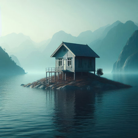 A lonely house on an island in the middle of a calm lakeの素材