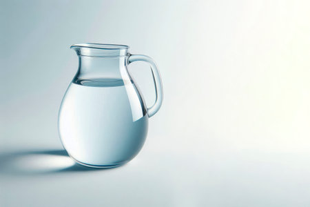 A glass jug of water on a light background. Space for textの素材