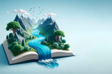An open book with mountains and a river flowing from the pages. Space for textの素材