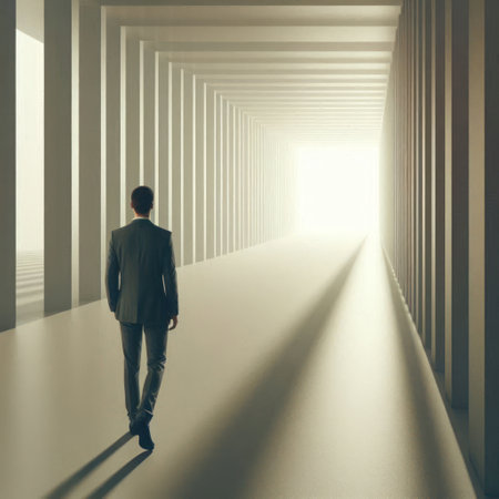 A man walking along a bright corridor into the unknownの素材