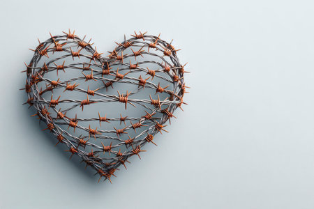 A heart made of barbed wire, a symbol of pain and love. Space for textの素材