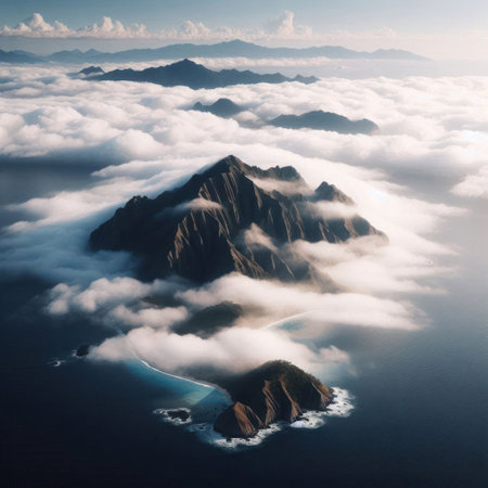 Mountains towering above the clouds, surrounded by a calm oceanの素材