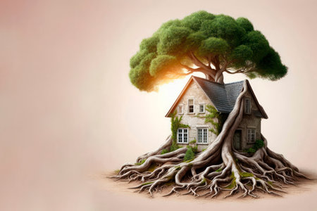 A house grown together with a tree is a symbol of the unity of nature and man. Space for textの素材