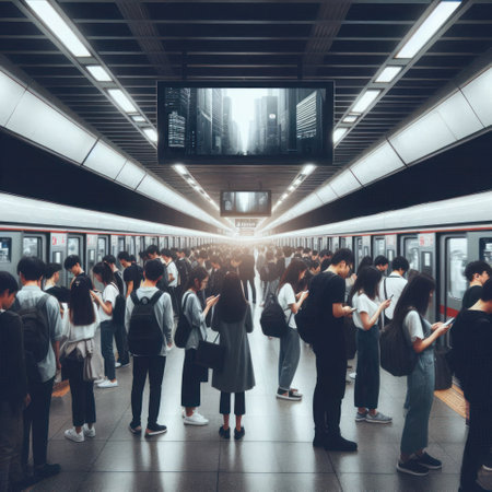 People in the subway, absorbed in technology and lonelinessの素材
