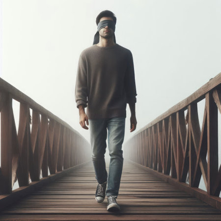 A man walks blindfolded across a bridge into the unknownの素材