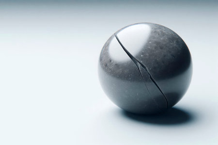 A cracked, smooth stone ball on a light background. Space for textの素材