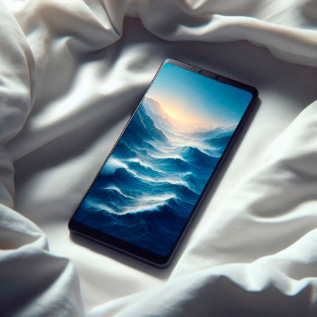 Phone overlooking the ocean on a white sheetの素材