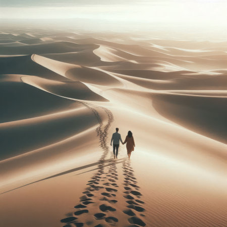 The couple walks through the desert, leaving footprints in the sandの素材
