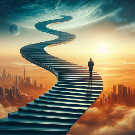 A person is walking up the ladder to the futureの素材