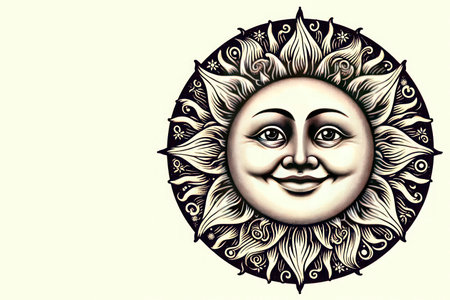 Smiling sun with decorative rays. Space for textの素材