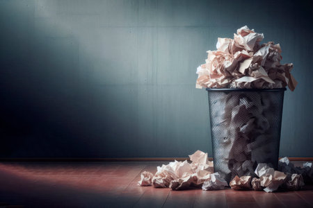A trash can overflow with crumpled paper. Space for textの素材