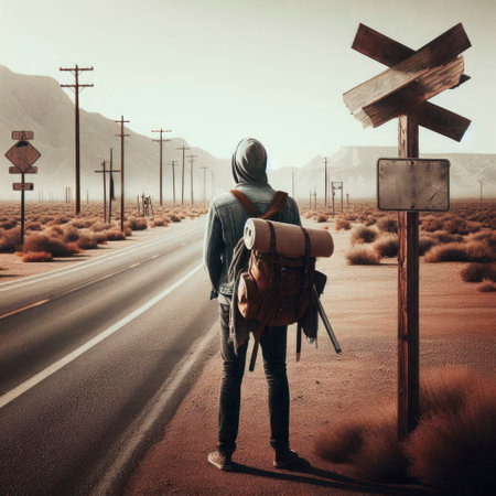 A man standing near a roadの素材