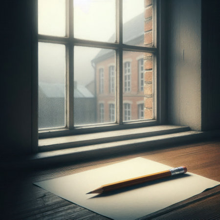 A pencil on a piece of paper by the windowの素材