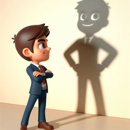 Cartoon boy looking at his contented shadow on the wall. Space for textの素材