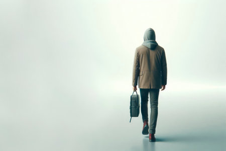 A man with a suitcase goes into the void. Space for textの素材