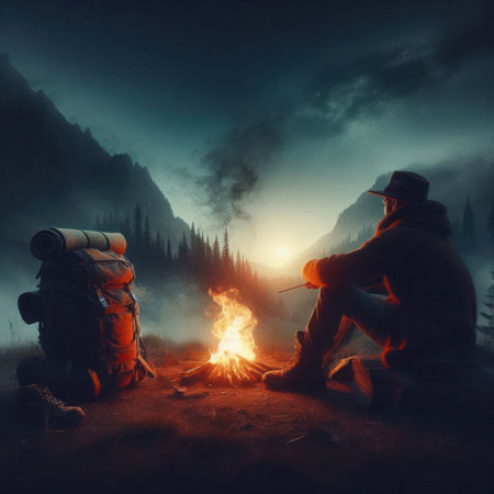 A traveler by the fire against the background of the night mountainsの素材