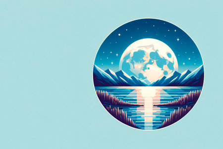 Moonrise over mountains in retro style, Space for textの素材