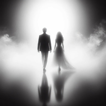 A couple in the haze is walking towards the light. Space for textの素材