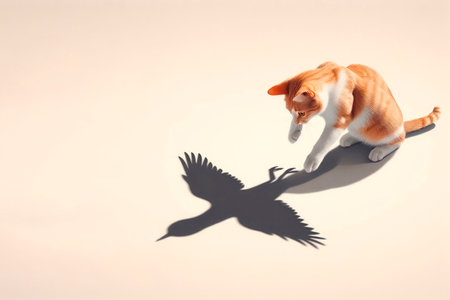 A kitten plays with the shadow of a bird. Space for textの素材