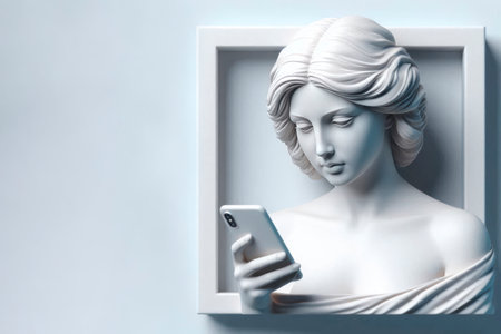 Female statue with phone. Space for textの素材