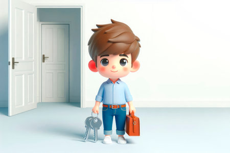 A cute character with keys and a suitcase, ready to open doors. Space for textの素材