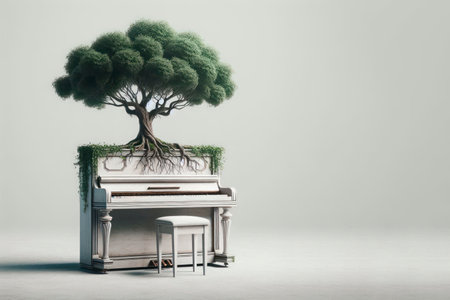 A grand piano with a tree growing from it on a clean background. Space for textの素材