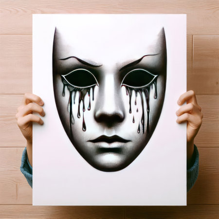Mask with streaks of tears on a white backgroundの素材