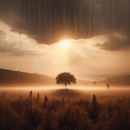 A lonely tree in the rain at sunsetの素材