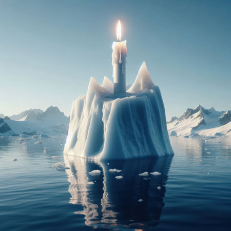 A single burning candle on an icebergの素材