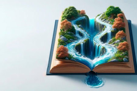 A waterfall flowing from an open book surrounded by nature. Space for textの素材