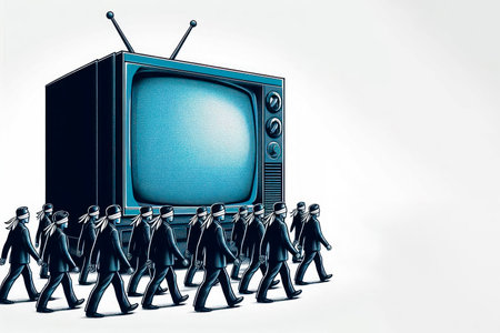 People in armbands follow the TV. Space for textの素材