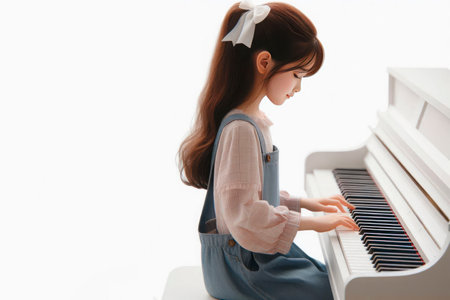 Girl playing the piano, on a light background. Space for textの素材