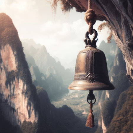 A hanging bell against the background of the mountainsの素材