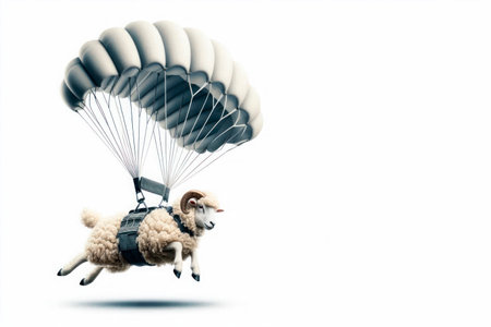 A ram with a parachute in flight. Space for textの素材