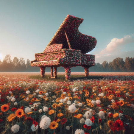 A grand piano of flowers in the middle of a fieldの素材