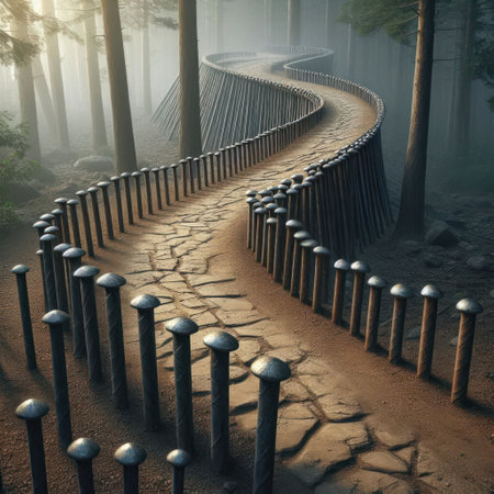 Large nails driven along a winding road in the forestの素材