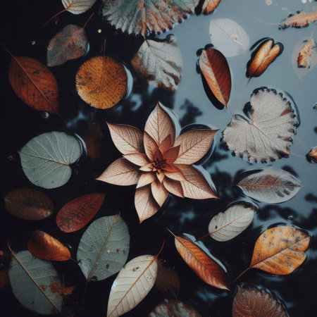 Leaves on the surface of the water, autumn still lifeの素材