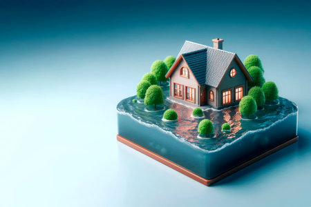 A house on an island surrounded by water. Space for textの素材