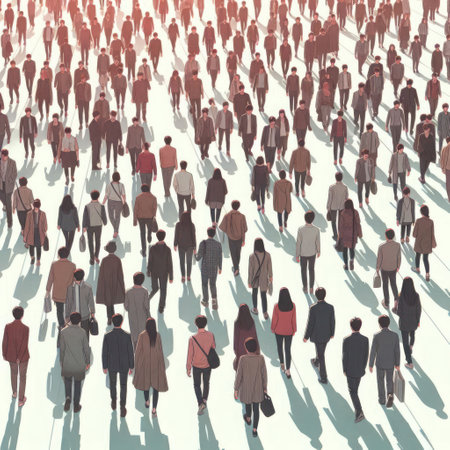 A crowd of walking people on a light backgroundの素材