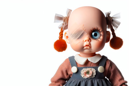 Children's doll with a bandaged eye. Space for textの素材