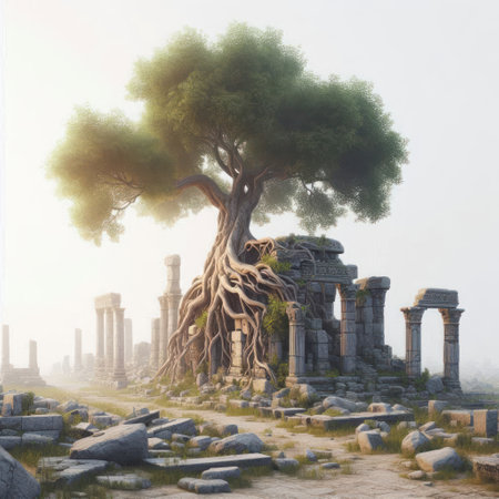 A tree growing among ancient ruinsの素材