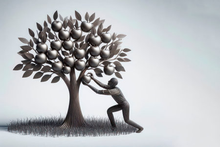 A person picks metal apples from a tree. Space for textの素材