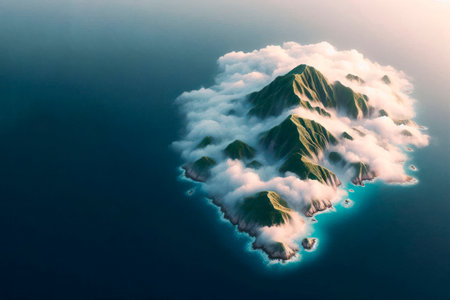 An island wrapped in clouds, in the middle of the ocean. Space for textの素材