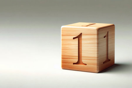 A wooden cube with the number one engraved. Space for textの素材