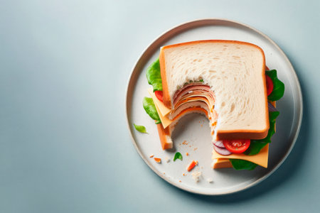 A sandwich left on the plate, uneaten food. Space for textの素材