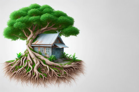 A house rooted in a tree, with massive roots. Space for textの素材