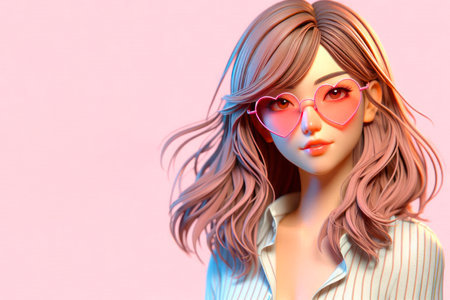 Girl in rose-colored heart-shaped glasses. Space for textの素材