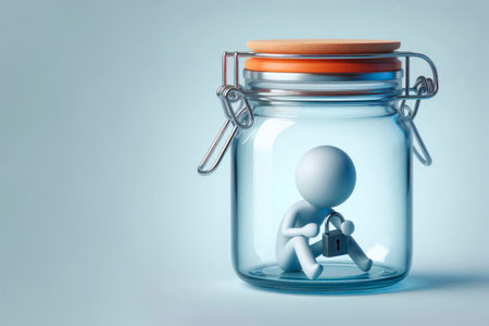 Man in a glass jar with padlock, locked in isolation. Space for textの素材