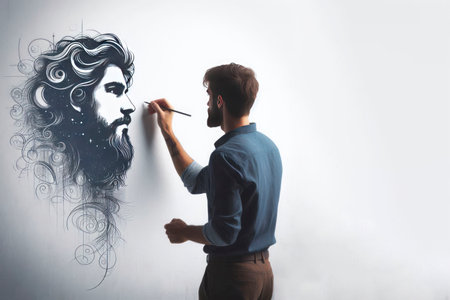 The artist draws a portrait of a man on the wall. Space for textの素材