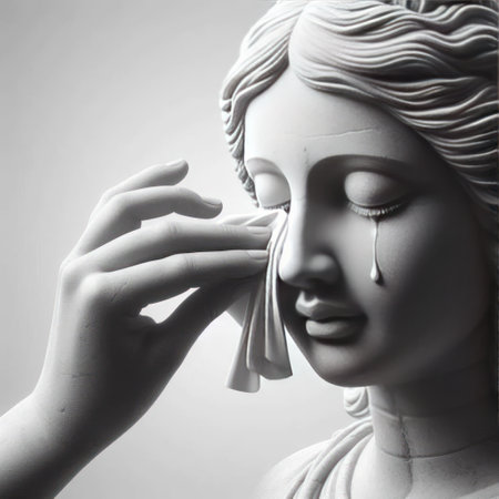 A hand wipes tears from a stone statueの素材